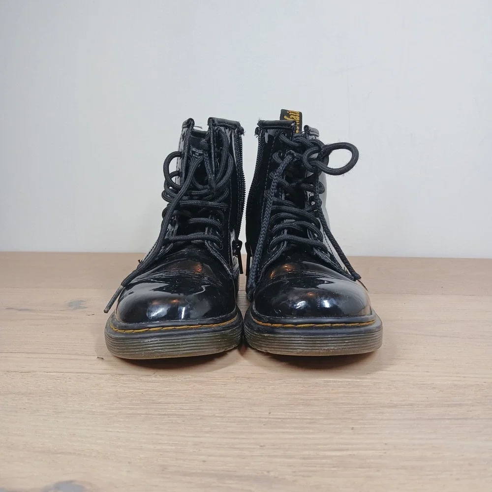 Dr. Martens Delaney Boots Kids 13 Black Patent Leather Lace Up Side Zip Combat